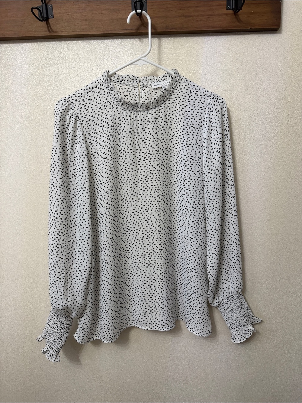 Maison d’Amelie  PARIS Polka Dot Long-Sleeve Ruffle Neck Blouse - White/Black